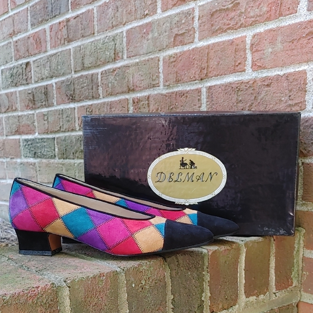 Delman Black Tartan Multi Leather Suede Rosalie Low Heel Pump Size 6 (1631)
